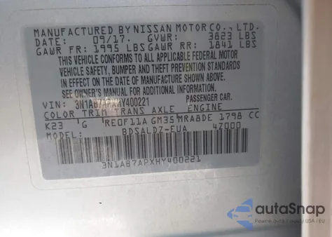 2017 Nissan Sentra Sv z USA, uszkodzony, nr VIN 3N1AB7APXHY400221